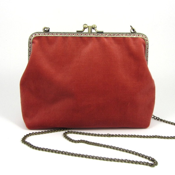Womens velvet purse, double clasp metal frame, soft orange crossbody bag, hand stitched kiss lock