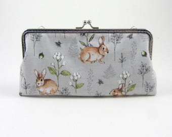 ウッドランドラビットの眼鏡ケース、キスロック留め眼鏡財布、ロングコスメティックパッド入りポーチ