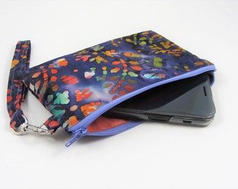 I Phone zipper pouch, batik cotton case, smartphone wristlet, cellphone clutch, flat case, for women