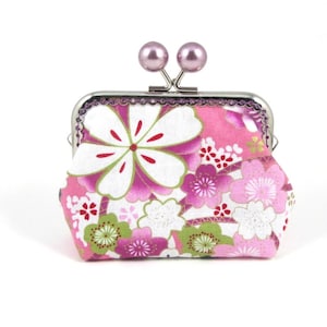 Porte-monnaie fleuri,  fermoir clip cousu, porte-monnaie fermoir boules mauve, porte-cartes, petite trousse, idée cadeau