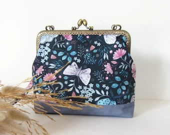 Kiss lock cotton crossbody bag, floral evening clasp purse, butterflies and flowers