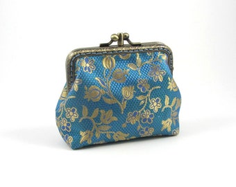 Silk coin purse, double kiss lock, 2 section purse, blue turquoise and metallic gold, silk brocade, hand sewn vintage frame