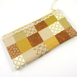 Bolsa de zíper feita à mão com patchwork, estojo de viagem de algodão amarelo mostarda, pequena bolsa de armazenamento