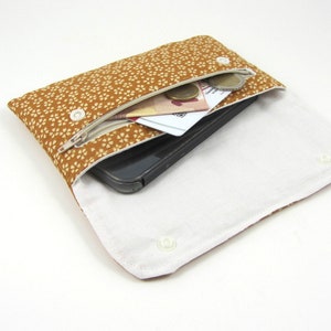 Pochette de rangement papiers, voyage et identité, pochette i Phone, coton japonais jaune, deux compartiment avec zip