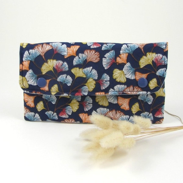 Pochette deux poches, housse téléphone portable, document et passeport, feuilles ginkgo, bleu et multicolore