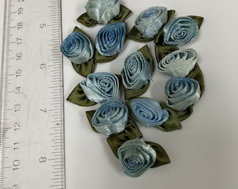 Vintage Blue Satin Ribbon Rose Flower, Sew on Flower, Flower Applique, Rose Bud Fabric, Embellishment - 12pcs