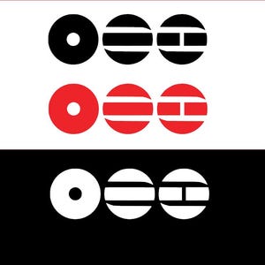 Puede incluir: Diseño gráfico con tres filas de formas circulares. La fila superior tiene círculos negros, la fila del medio círculos rojos y la fila inferior círculos blancos. Cada fila tiene tres círculos con diferentes diseños internos.