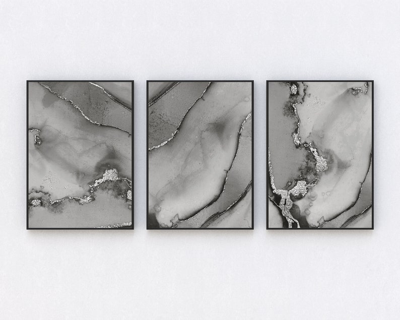 Set of 3 Grey Abstract Wall Art Print NOT METALLIC Set of 3 Etsy UK