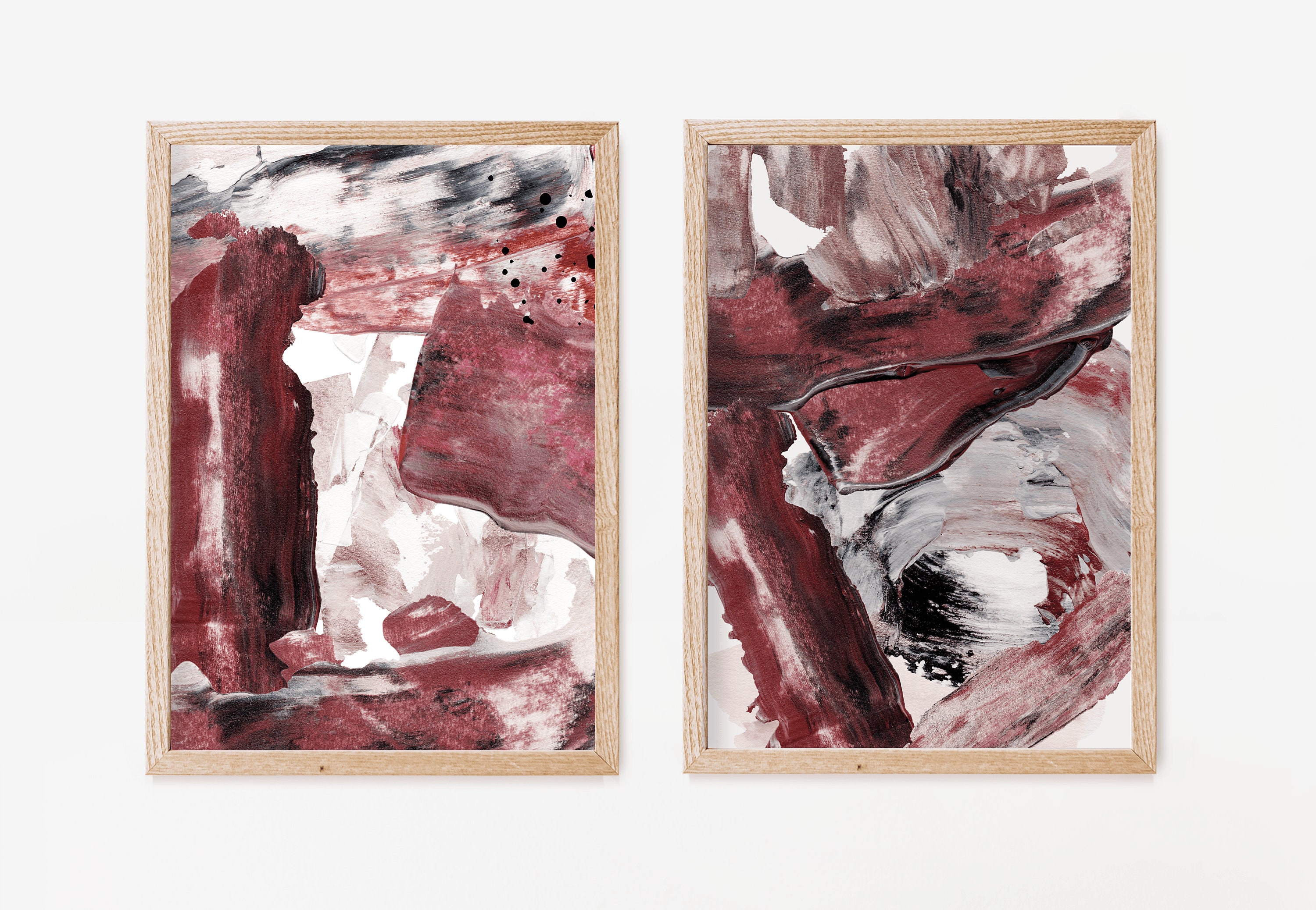 Set of 2 Dark Red Burgundy Abstract Prints Wall Art Home Etsy