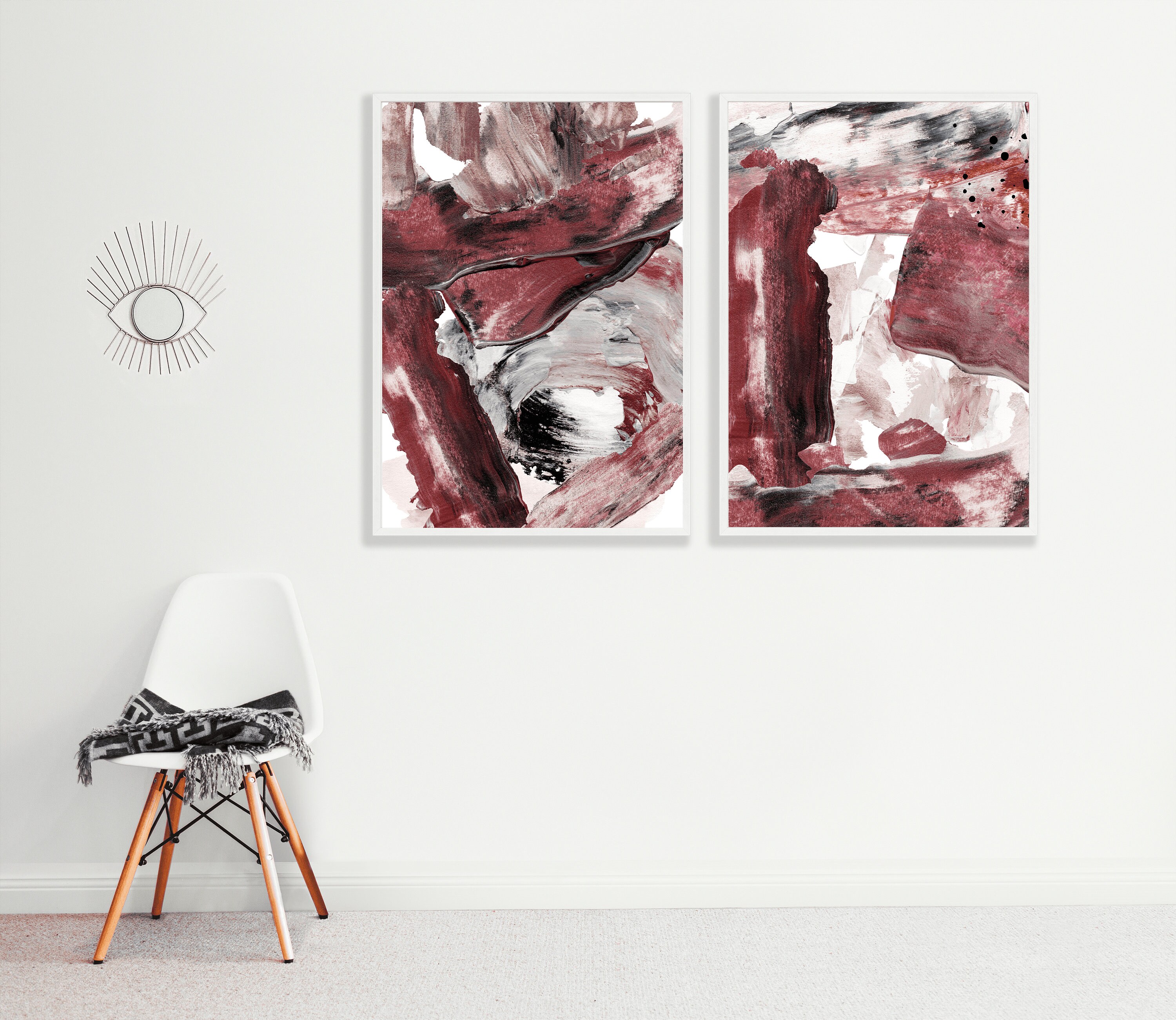 Set of 2 Dark Red Burgundy Abstract Prints Wall Art Home Etsy