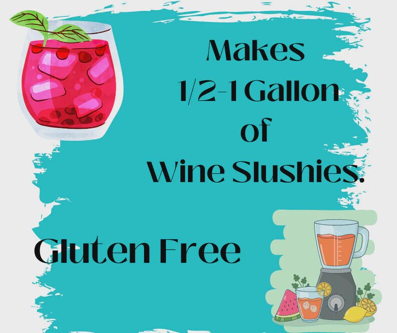 Puede incluir: Ilustraci&oacute;n de una receta de granizado de vino. La imagen presenta un vaso de granizado rojo con cubitos de hielo y una ramita de hojas, una licuadora y el texto "Makes 1/2-1 Gallon of Wine Slushies. Gluten Free."