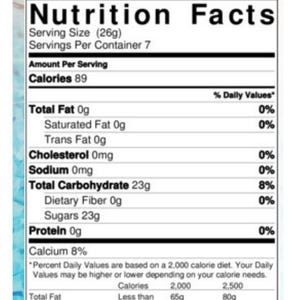 Puede incluir: Una etiqueta de informaci&oacute;n nutricional para un producto llamado "LEMONCELLO". La etiqueta muestra un tama&ntilde;o de porci&oacute;n de 26g con 89 calor&iacute;as, 23g de carbohidratos totales y 23g de az&uacute;cares. Tambi&eacute;n enumera los valores diarios.