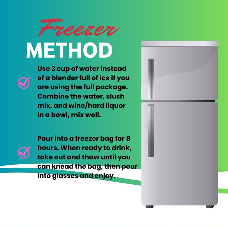 Puede incluir: Infograf&iacute;a titulada "Freezer METHOD" con instrucciones para una receta de bebida congelada. Presenta una ilustraci&oacute;n de nevera plateada y texto sobre un fondo degradado verde y azul, con los pasos a seguir.