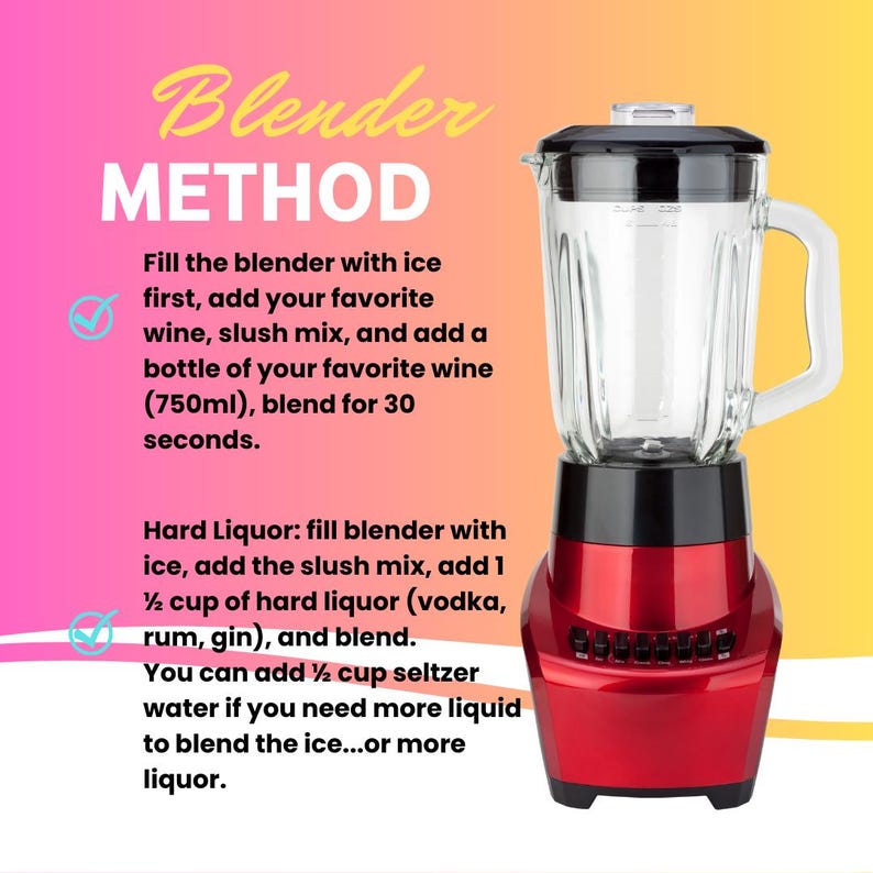 Puede incluir: Una licuadora roja y negra con una jarra de vidrio, con instrucciones para preparar bebidas. El texto dice "Blender METHOD" e incluye pasos para mezclar vino y c&oacute;cteles de licores fuertes. Las instrucciones incluyen medidas en tazas y mililitros.