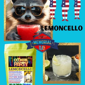 Puede incluir: Un mapache con gafas de sol sostiene una bebida roja, con el texto "LEMONCELLO" arriba. Se muestra un paquete de mezcla "COCKTAIL PARTY LEMONCELLO", junto con una bebida "WINE SLUSH" y rodajas de lima. La imagen incluye el texto "HAPPY MEMORIAL DAY".