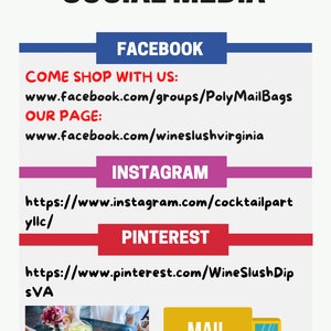 Puede incluir: Gr&aacute;fico que promociona la presencia en redes sociales con iconos de Pinterest, Instagram, Facebook y Twitter. El texto incluye "SOCIAL MEDIA", enlaces de Facebook, Instagram y Pinterest, y una ilustraci&oacute;n de un cami&oacute;n de correo amarillo.