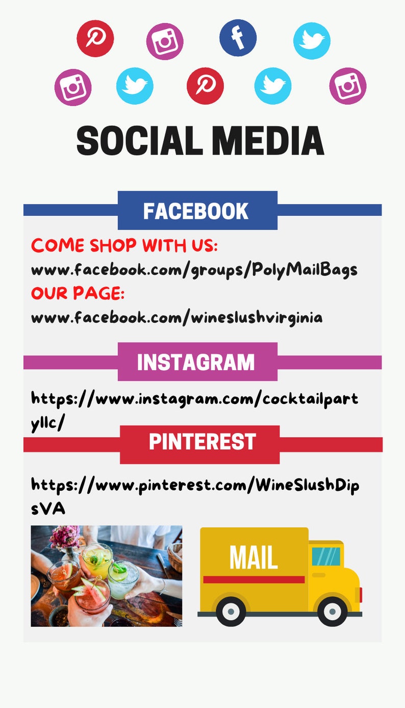 Puede incluir: Gr&aacute;fico que promociona la presencia en redes sociales con iconos de Pinterest, Instagram, Facebook y Twitter. El texto incluye "SOCIAL MEDIA", enlaces de Facebook, Instagram y Pinterest, y una ilustraci&oacute;n de un cami&oacute;n de correo amarillo.