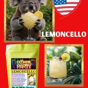 Puede incluir: Imagen vibrante con un koala sosteniendo un c&oacute;ctel de lemoncello, una bandera estadounidense en forma de coraz&oacute;n, un paquete de mezcla para c&oacute;cteles y un c&oacute;ctel de vino granizado. Se muestran los textos "LEMONCELLO" y "WINE SLUSH". El paquete dice "COCKTAIL PARTY LEMONCELLO".