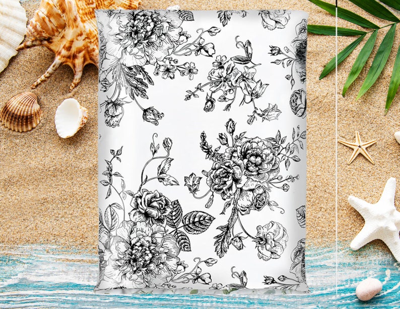 Black And White Floral 10x13 Poly Mailers Flowers Shipping Envelopes Bags Mailing Supplies Packaging Shipping Bags Small Business image 2