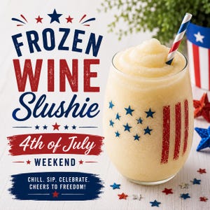 Puede incluir: Un vaso de granizado de vino congelado con una pajita roja, blanca y azul. El vaso est&aacute; decorado con estrellas azules y rayas rojas, con el texto "Frozen Wine Slushie" y "4th of July Weekend."