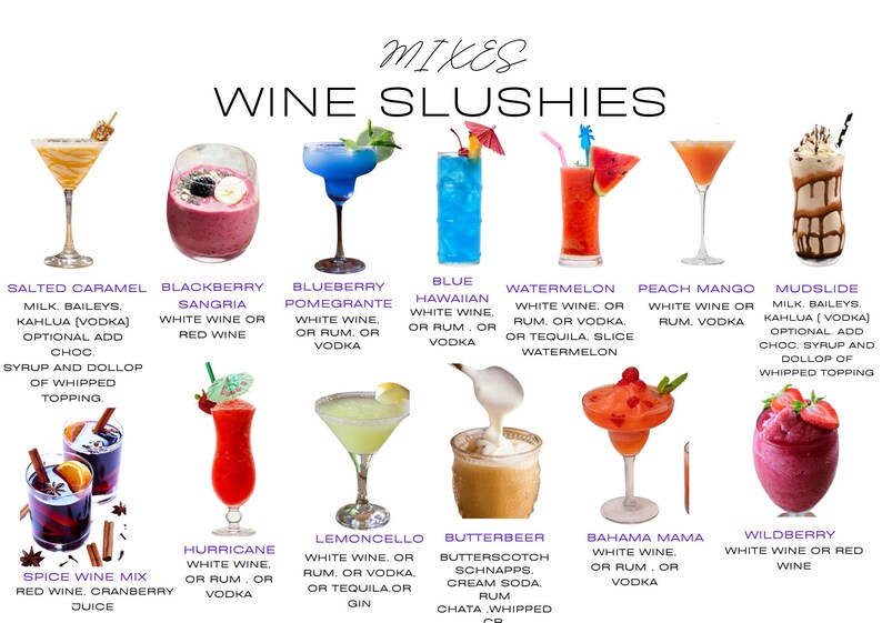 Puede incluir: Un colorido men&uacute; que muestra varios granizados de vino, incluyendo Caramelo Salado, Sangr&iacute;a de Mora y Ar&aacute;ndano Granada. Cada bebida se muestra en un vaso con adornos como rodajas de fruta y crema batida.