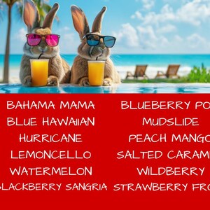 Puede incluir: Dos conejos marrones con gafas de sol est&aacute;n en una piscina, cada uno sosteniendo un vaso de jugo de naranja. La imagen tiene un fondo de playa tropical. El texto en una pancarta roja en la parte inferior enumera nombres de bebidas.