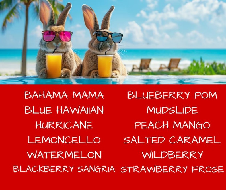 Puede incluir: Dos conejos marrones con gafas de sol est&aacute;n en una piscina, cada uno sosteniendo un vaso de jugo de naranja. La imagen tiene un fondo de playa tropical. El texto en una pancarta roja en la parte inferior enumera nombres de bebidas.