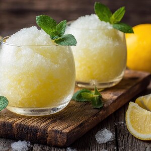 Puede incluir: Dos vasos transparentes llenos de granizados amarillos, adornados con hojas de menta, est&aacute;n sobre una tabla de madera. Rodajas de lim&oacute;n y limones enteros est&aacute;n esparcidos alrededor de los vasos.