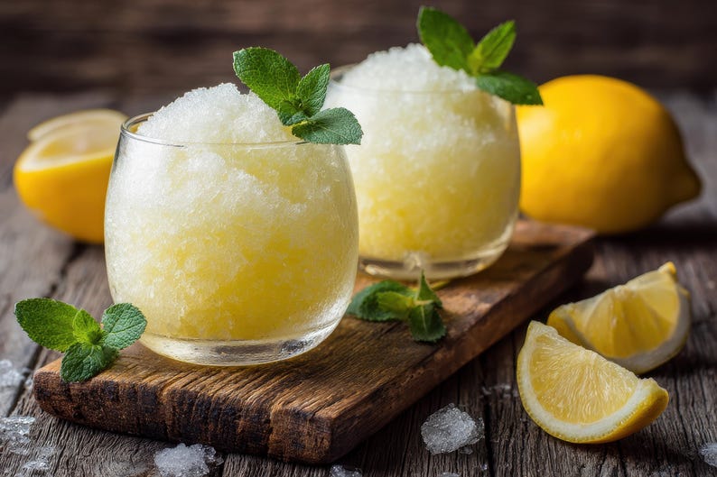 Puede incluir: Dos vasos transparentes llenos de granizados amarillos, adornados con hojas de menta, est&aacute;n sobre una tabla de madera. Rodajas de lim&oacute;n y limones enteros est&aacute;n esparcidos alrededor de los vasos.