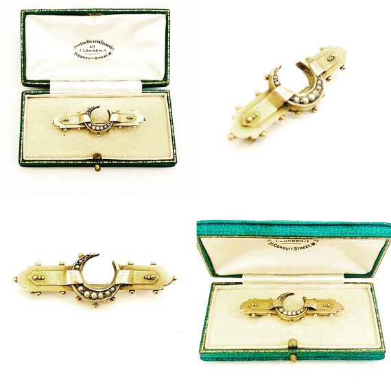 Victorian 9ct Gold & Seed Pearl Crescent Moon Broo
