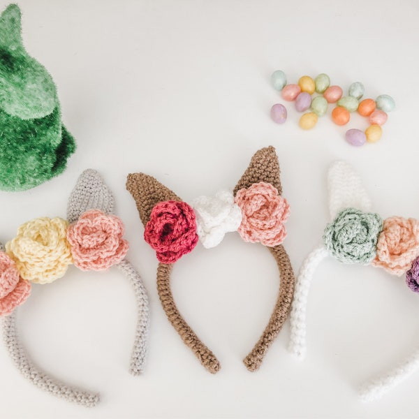 Easter - Bunny ears, Bunny headband, crochet headband, knitted headband, flowers headband, floral, custom headband