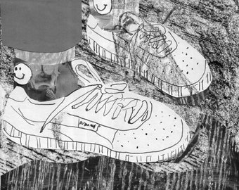 Black and white collage art print - Puma trainers and smiley socks