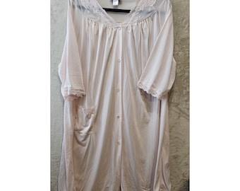 Camisón rosa de nailon Shadowline, talla 2X Plus, con ribete de encaje y botones delanteros, estilo vintage.