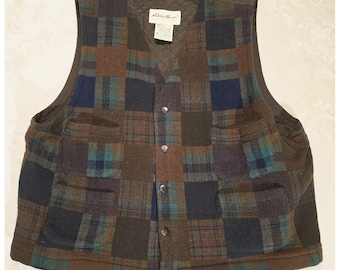 Vintage Eddie Bauer-vest heren L bruin geruite wol gewatteerd gevoerd buiten jaren 90