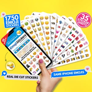 Biggest Emoji Sticker Pack + 1750 Die Cut Emoji Stickers + 35 Sheets + Same Emojis as iPhone + High Quality Die Cut Waterproof Vinyl