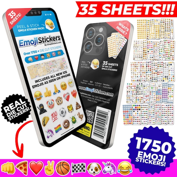 Emoji Sticker Pack | 1750 Die Cut Vinyl Emoji Stickers, 35 Sheets, 50 Stickers per Sheet | Includes All Latest 2023 Emojis as Seen on iPhone