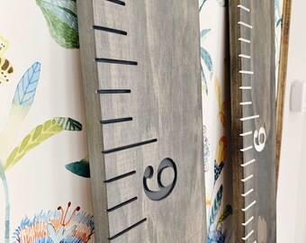 Carbon Gray Engraved Growth Chart Minimalist Nursery Wall Wooden Kids Height Ruler Baby Shower Gift Measuring Stick Childhood Infant Modern