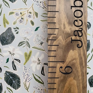 May include: A wooden growth chart with a dark brown stain and black markings. The name "Jacob" is engraved at the top of the chart. The chart is set against a light blue background with a floral pattern.