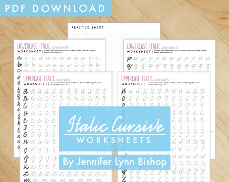 May include: Four printable worksheets for practicing italic cursive handwriting. Each worksheet features a different letter of the alphabet, with multiple examples of each letter to trace and practice. The worksheets are titled "Lowercase Italic Cursive Worksheet" and "Uppercase Italic Cursive Worksheet". The title "Italic Cursive Worksheets" appears in a larger font size below the worksheets. The text "By Jennifer Lynn Bishop" appears at the bottom of the page.