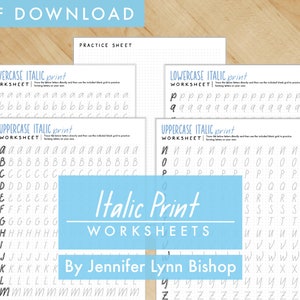 May include: A set of printable worksheets for practicing italic print handwriting. The worksheets feature lowercase and uppercase letters of the alphabet, with dotted lines to guide the user. The title of the worksheets is "Italic Print Worksheets" and the author is "Jennifer Lynn Bishop".