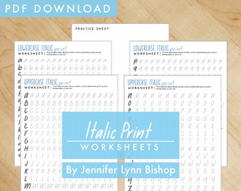 May include: A set of printable worksheets for practicing italic print handwriting. The worksheets feature lowercase and uppercase letters of the alphabet, with dotted lines to guide the user. The title of the worksheets is "Italic Print Worksheets" and the author is "Jennifer Lynn Bishop".