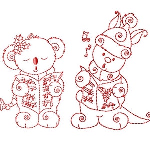 May include: A red embroidered design of two cartoon animals singing Christmas carols. A koala bear with a holly sprig on its head holds a sheet of music and sings with its eyes closed. A snowman with a Santa hat and a holly sprig on its chest also holds a sheet of music and sings with its mouth open.