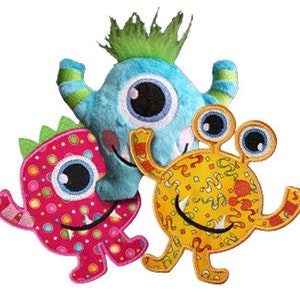 Monster Mash Plush toys. Machine embroidery in-the-hoop toys and applique designs with matching filled stitch designs. Total of 16 patterns.