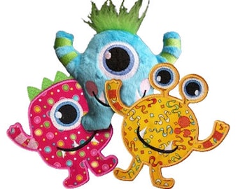 Monster Mash Plush toys. Machine embroidery in-the-hoop toys and applique designs with matching filled stitch designs. Total of 16 patterns.