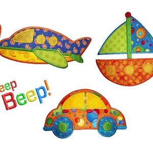May include: Three colourful felt appliqué toys: a blue and yellow aeroplane, a green and orange sailboat, and an orange car with yellow windows. The text "Beep Beep!" is written in rainbow colours below the aeroplane.
