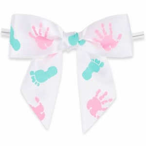 50pcs 3 1/2&quot; baby foot and hand printing Satin Pre-Tied or Self-Adhesive Ribbon Bow for cello bags in wedding and Party (TTB35BAB-50)