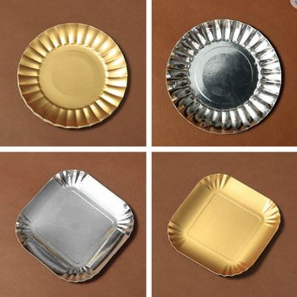 50pcs Round/Square Gold or Silver Paper Plate 3 3/4" (10cm)  for Cupcakes, Muffins, Birthday Cakes and Other Mini Deserts