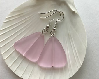 Large Pink Beach Glass Earrings, Pink Seaglass Earrings, Pink Seaglass Jewelry, Pink Beach Glass Jewelry. FREE US SHIP