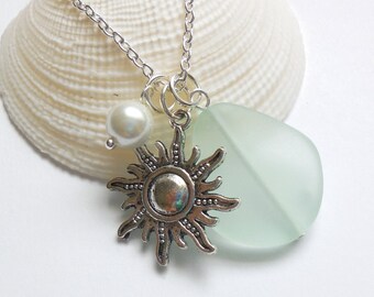 Seafoam Green Sea Glass Necklace, Beach Glass Necklace, Sea Glass Jewelry, Beach Glass Jewelery,Starburst Sun Necklace. Free Shipping in US.