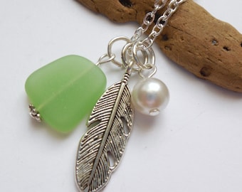 Spring Green Sea Glass Necklace, Beach Glass Necklace, Sea Glass Jewelry, Beach Glass Jewelery, Feather Charm Necklace, Free Shipping in US